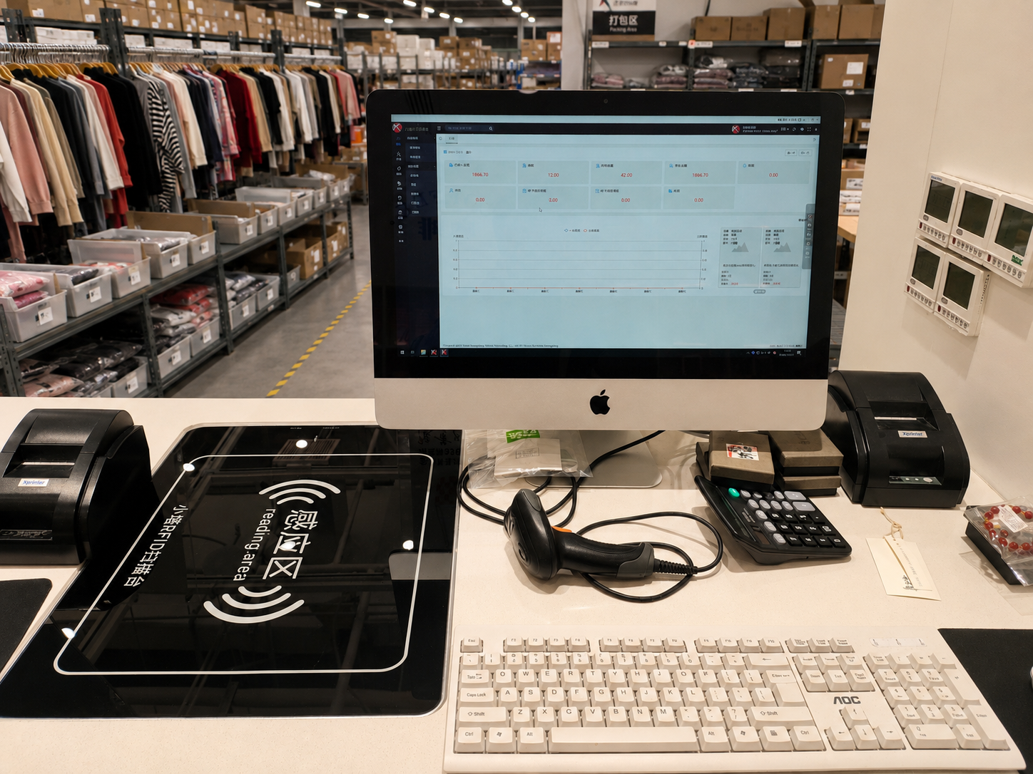 Apparel e-commerce packing and RFID shipping verification station Apparel e-commerce packing and RFID shipping verification station