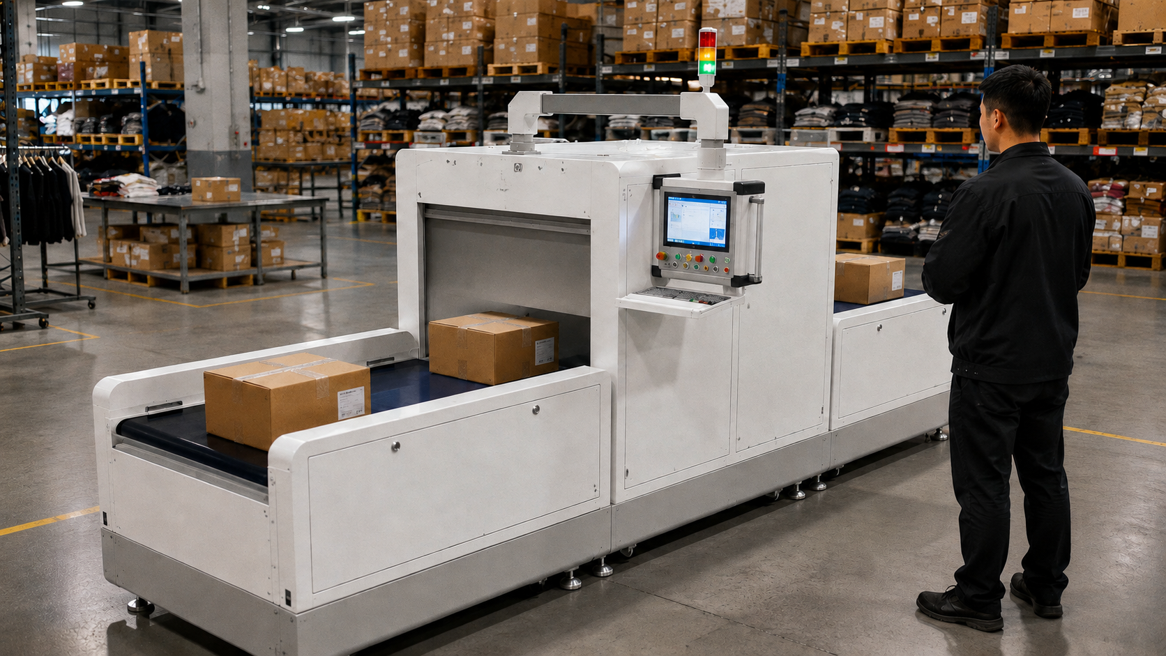 XTC6101 RFID Tunnel Reader verifying apparel cartons in a warehouse