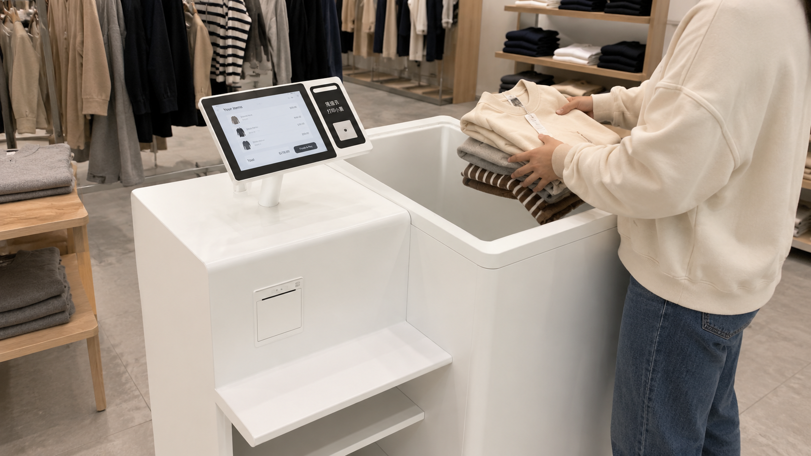 Customer using XTZ3201 RFID Self Checkout Kiosk in an apparel store