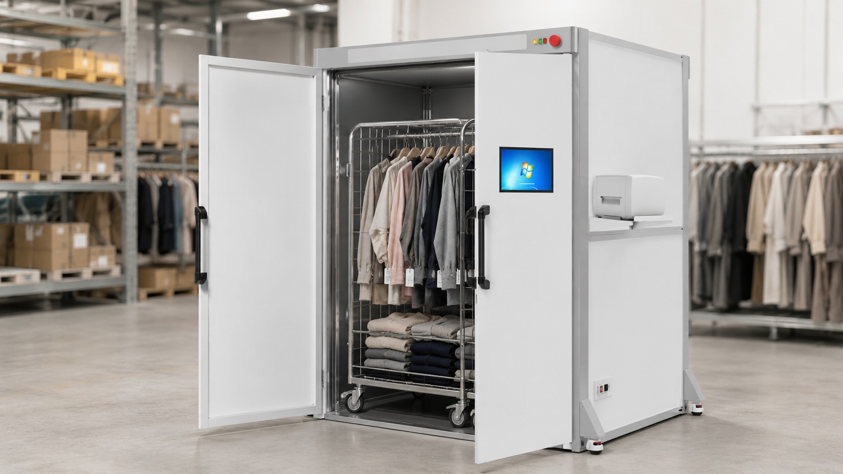 XTC6201 RFID reader scanning a full garment cart for warehouse inventory