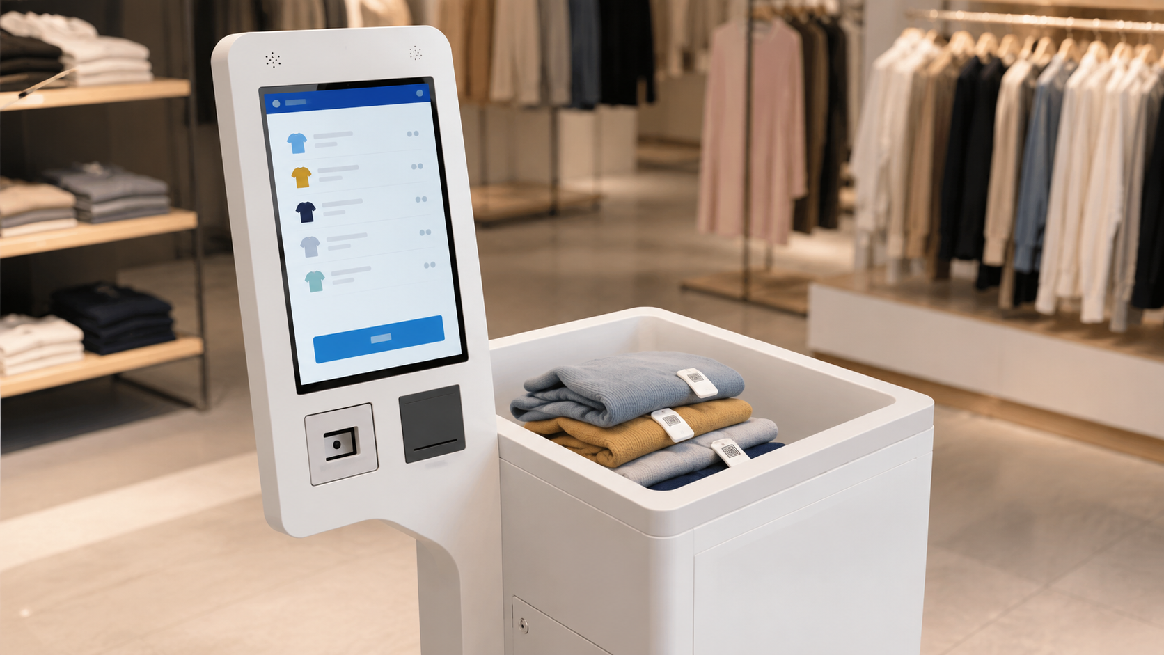 RFID kiosk reading multiple tagged garments in a fashion retail store