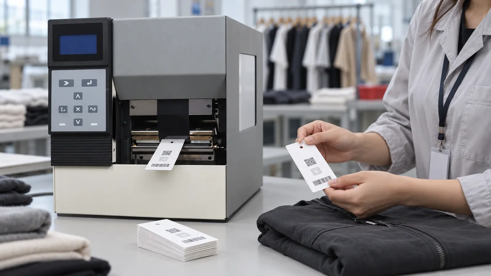 Fashion factory using the LG686R single tag printer for apparel source tagging